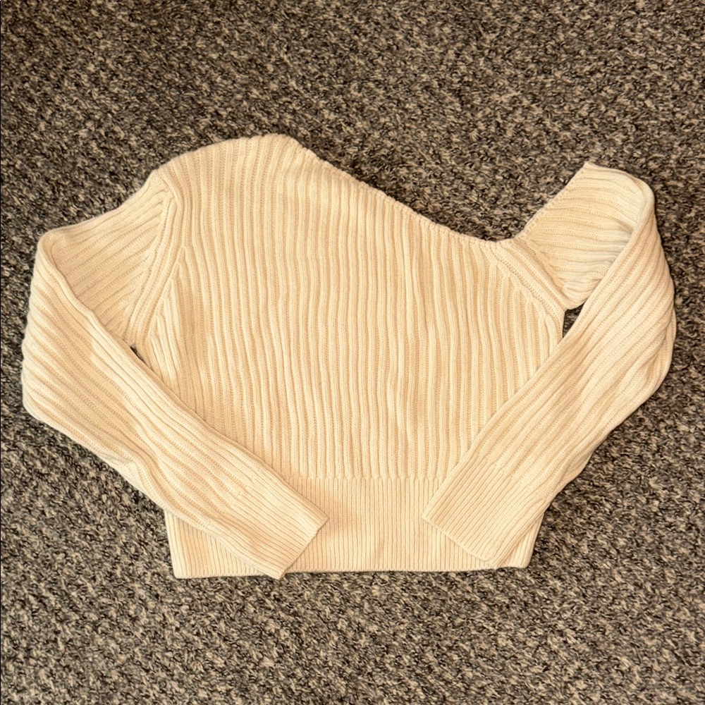 SHEIN Cream Ribbed Off-Shoulder Long Sleeve Sweater